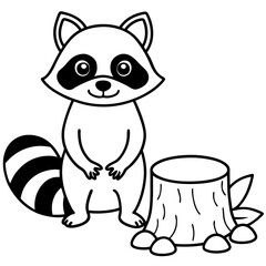 Cartoon Raccoon with Leaf by Tree Stump and Mushrooms Art vector illustration