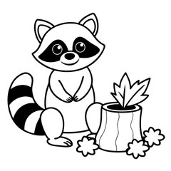 Cartoon Raccoon with Leaf by Tree Stump and Mushrooms Art vector illustration