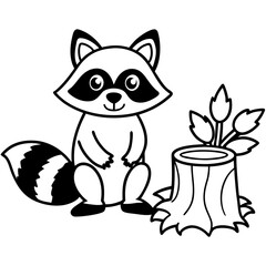 Cartoon Raccoon with Leaf by Tree Stump and Mushrooms Art vector illustration