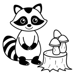 Cartoon Raccoon with Leaf by Tree Stump and Mushrooms Art vector illustration