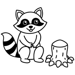 Cartoon Raccoon with Leaf by Tree Stump and Mushrooms Art vector illustration