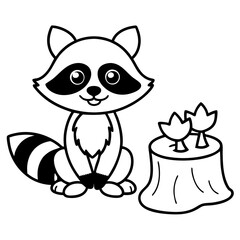 Cartoon Raccoon with Leaf by Tree Stump and Mushrooms Art vector illustration