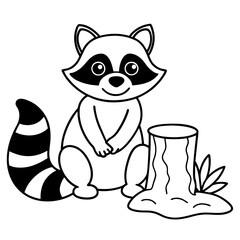 Cartoon Raccoon with Leaf by Tree Stump and Mushrooms Art vector illustration