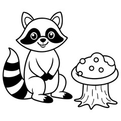Cartoon Raccoon with Leaf by Tree Stump and Mushrooms Art vector illustration