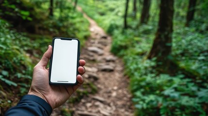 Connected on the Go - Person Walking on Trail Holding Mobile Phone with Blank Screen for App or Text Message, Technology in Nature Concept