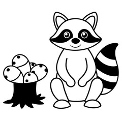 Cartoon Raccoon with Leaf by Tree Stump and Mushrooms Art vector illustration