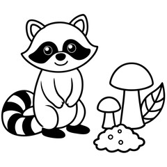 Cartoon Raccoon with Leaf by Tree Stump and Mushrooms Art vector illustration
