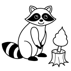 Cartoon Raccoon with Leaf by Tree Stump and Mushrooms Art vector illustration