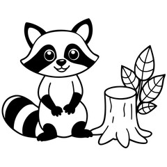 Cartoon Raccoon with Leaf by Tree Stump and Mushrooms Art vector illustration