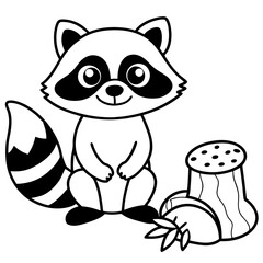 Cartoon Raccoon with Leaf by Tree Stump and Mushrooms Art vector illustration
