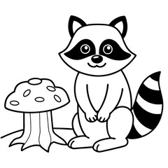 Cartoon Raccoon with Leaf by Tree Stump and Mushrooms Art vector illustration