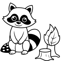 Cartoon Raccoon with Leaf by Tree Stump and Mushrooms Art vector illustration