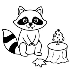 Cartoon Raccoon with Leaf by Tree Stump and Mushrooms Art vector illustration