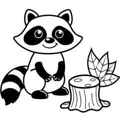 Cartoon Raccoon with Leaf by Tree Stump and Mushrooms Art vector illustration