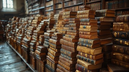 Fototapeta premium rows of leatherbound books with gilded spines line antique wooden shelves soft warm lighting highlights the rich textures and colors creating an atmosphere of knowledge and timeless elegance