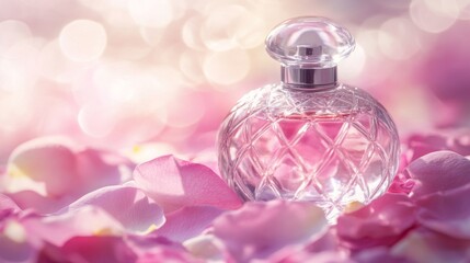 Close-up of a perfume bottle with a delicate glass design, resting on a bed of rose petals and surrounded by soft, ambient light