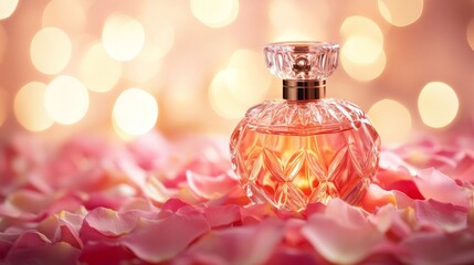 Close-up of a perfume bottle with a delicate glass design, resting on a bed of rose petals and surrounded by soft, ambient light