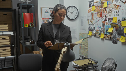A focused hispanic woman detective analyzes evidence in a cluttered police department office.