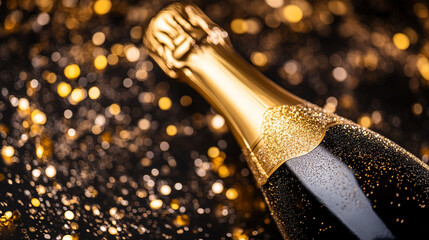 bottle of champagne with gold sparkles, symbolizing celebration, joy, and luxury, set against a festive background. Perfect for conveying festive moments and achievements