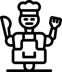 Robot chef holding a fork and a knife wearing an apron, in a simple black and white line art vector illustration