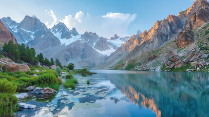 A wide river flows through a valley with mountains.