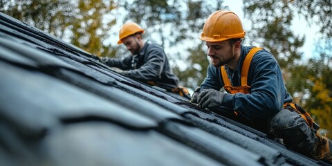 Skilled Handymen Repairing a House Roof in Cloudy Weather