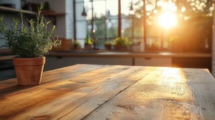 Fototapeta premium rustic wooden table in foreground soft focus modern kitchen visible in background warm lighting creates inviting atmosphere highlighting wood grain texture and sleek appliances