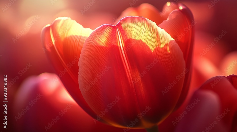 Poster Close-up of a red tulip with soft light shining through its petals, showing texture and detail