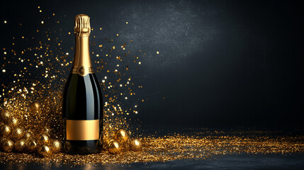 close-up of a bottle of champagne with gold sparkles, symbolizing celebration, joy, and luxury, set against a festive background. Perfect for conveying festive moments and achievements
