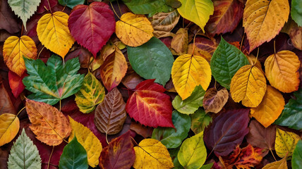 A colorful pattern of autumn leaves on the ground showing a variety of color