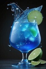 Blue Lagoon mojito with lime and mint leaves over a dark background. Kamikaze cocktail closeup splash still photo. Menu concept for bar