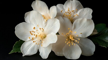 Obraz premium A close-up of two white flowers with green leaves on a black background, featuring a yellow-stained white flower in the foreground