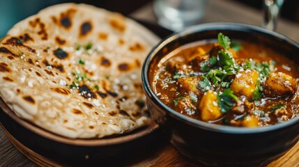 Fototapeta premium Close-up of a roti with visible layers and a lightly charred surface, served alongside a rich, aromatic curry