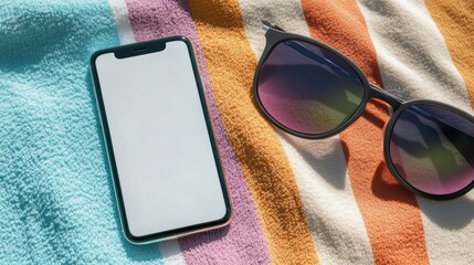 Technology by the Seashore: Mobile Phone on Beach Towel with Sunglasses