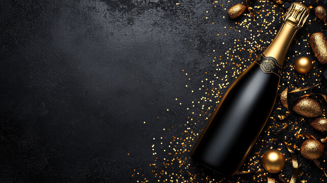 close-up of a bottle of champagne with gold sparkles, symbolizing celebration, joy, and luxury, set against a festive background. Perfect for conveying festive moments and achievements