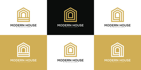 Set of build house logo with line art style abstrack. Premium Vector