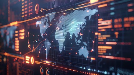 Fototapeta premium Dynamic digital interface showcasing global economic policy scenarios and projected outcomes