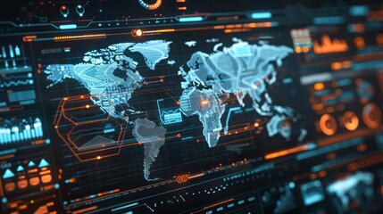 High tech digital interface illustrating global economic policy scenarios and predictive outcomes