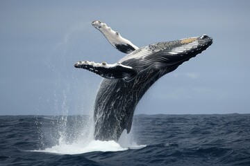 Fototapeta premium Humpback Whale Leaping Out of the Ocean, Splashing Water