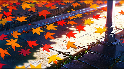 A colorful pattern of autumn leaves on the ground showing a variety of color
