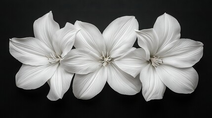  White flowers sit atop a dark table, arranged on a black background