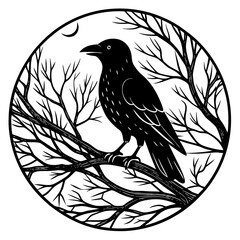Obraz premium Elegant Raven Silhouette Minimalist Black and White Vector Design with Eerie Gothic Symbolism Art vector illustration