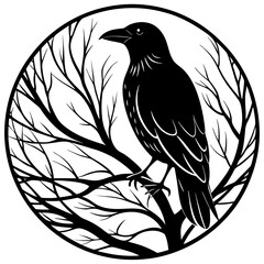 Elegant Raven Silhouette Minimalist Black and White Vector Design with Eerie Gothic Symbolism  Art vector illustration