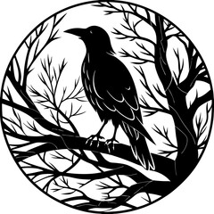 Elegant Raven Silhouette Minimalist Black and White Vector Design with Eerie Gothic Symbolism  Art vector illustration