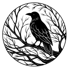 Elegant Raven Silhouette Minimalist Black and White Vector Design with Eerie Gothic Symbolism  Art vector illustration