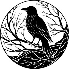 Elegant Raven Silhouette Minimalist Black and White Vector Design with Eerie Gothic Symbolism  Art vector illustration
