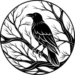 Elegant Raven Silhouette Minimalist Black and White Vector Design with Eerie Gothic Symbolism  Art vector illustration