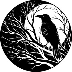 Elegant Raven Silhouette Minimalist Black and White Vector Design with Eerie Gothic Symbolism  Art vector illustration