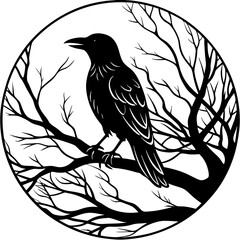 Elegant Raven Silhouette Minimalist Black and White Vector Design with Eerie Gothic Symbolism  Art vector illustration