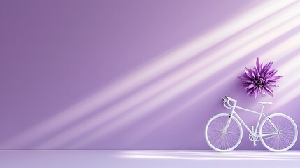 Fototapeta premium A white bicycle rests beside a purple wall, adorned with purple flowers on both its front and back